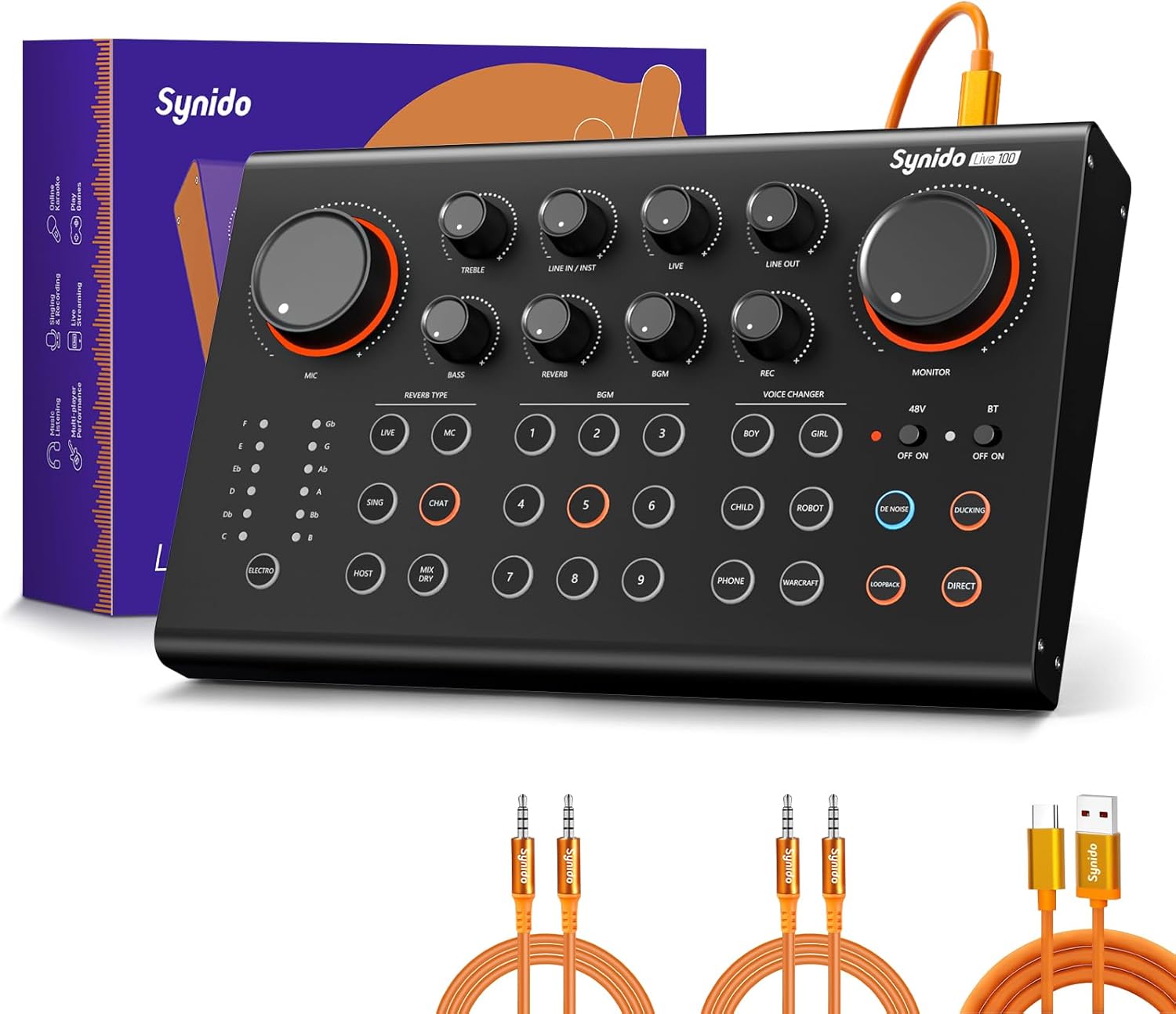 Synido Podcast Equipment Sound Card, Audio Interface Mixer with Pro-preamp, 48V Phantom, 9 Customize Sound Pads, XLR, 1/4