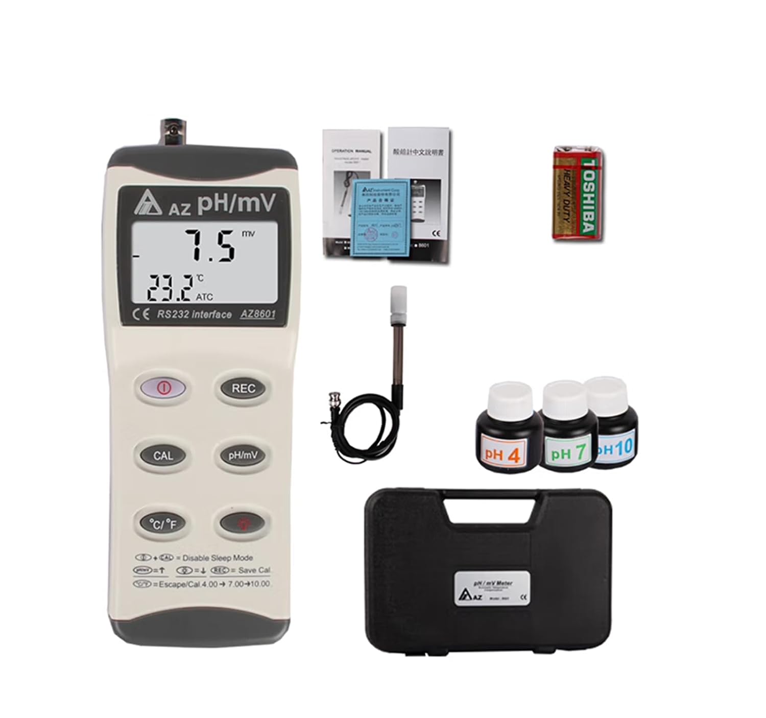 AZ-8601 pH Meter Water Quality Meter Handheld Digital Waterproof pH Tester pH and mV Measurement in One with ATC Function Probe 0.00~14.00 pH Accuracy ±0.02 pH Resolution 0.01 AZ8601