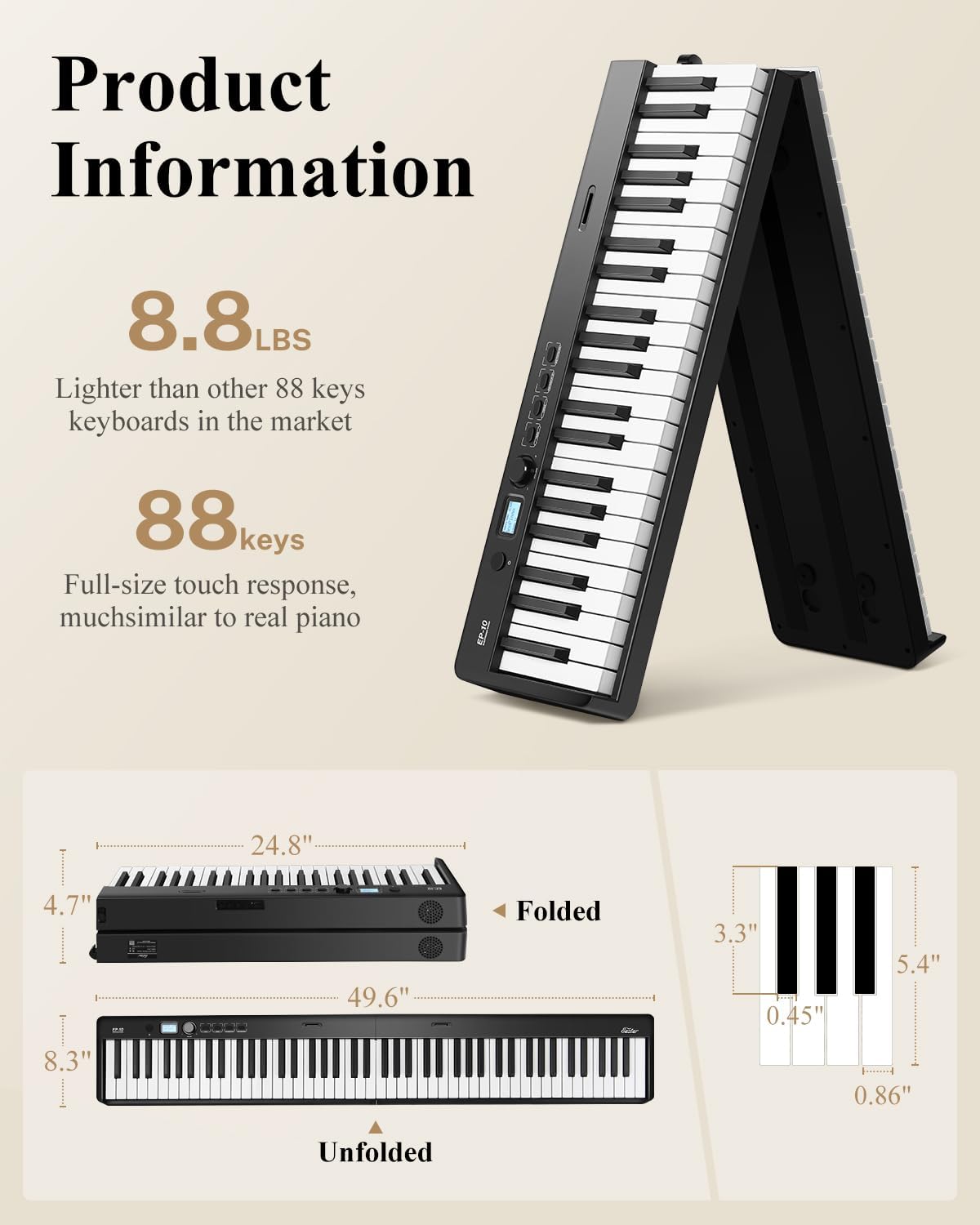 Eastar EP-10 Beginner Foldable Digital Piano 88 Key Full Size Semi Weighted Keyboard, Bluetooth Portable Electric Piano with Piano Bag