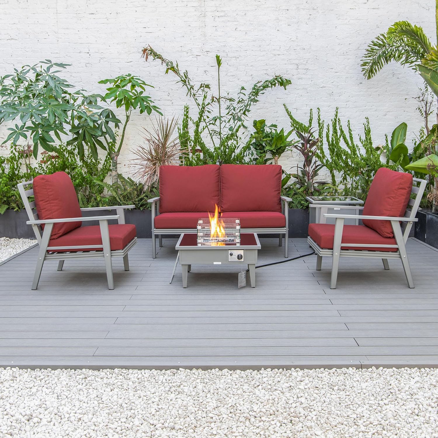 LeisureMod Walbrooke Modern Aluminum 5-Piece Patio Conversation Set with Outdoor Square Fire Pit Table & Side Table Tank Holder (Red)