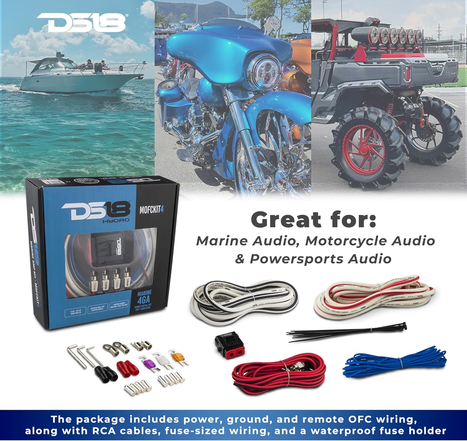 DS18 Hydro MOFCKIT4 4 Gauge Marine Tinned Amplifier Installation Wiring Kit – Up to 1800 Watts, OFC 100% Cooper