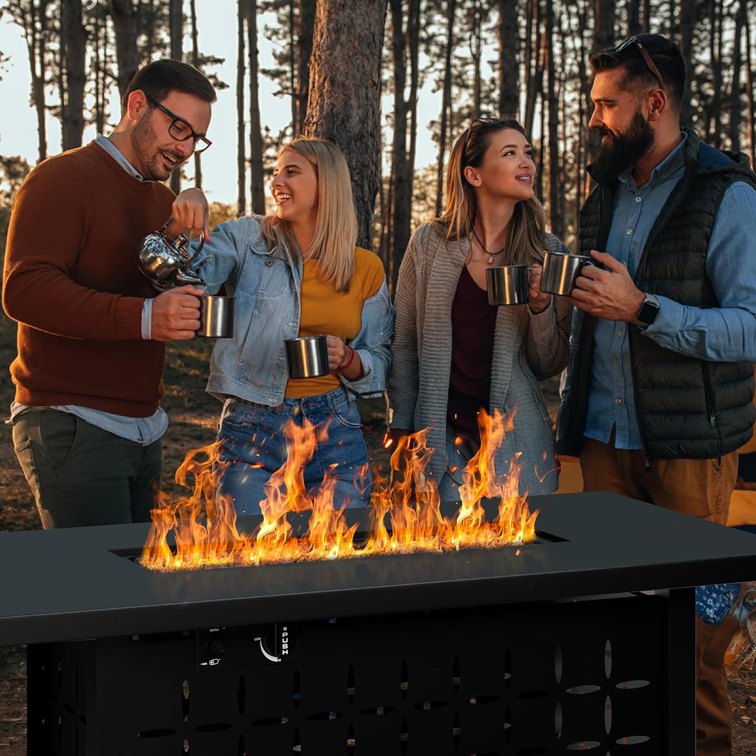 Shintenchi 43 Inch Outdoor Propane Fire Pit, 50,000 BTU Outdoor Fire Table, CSA-Certified Steel Propane Fire Pit with Lid and Lava Rock for Garden, Yard, Camping, Pool Use, Black