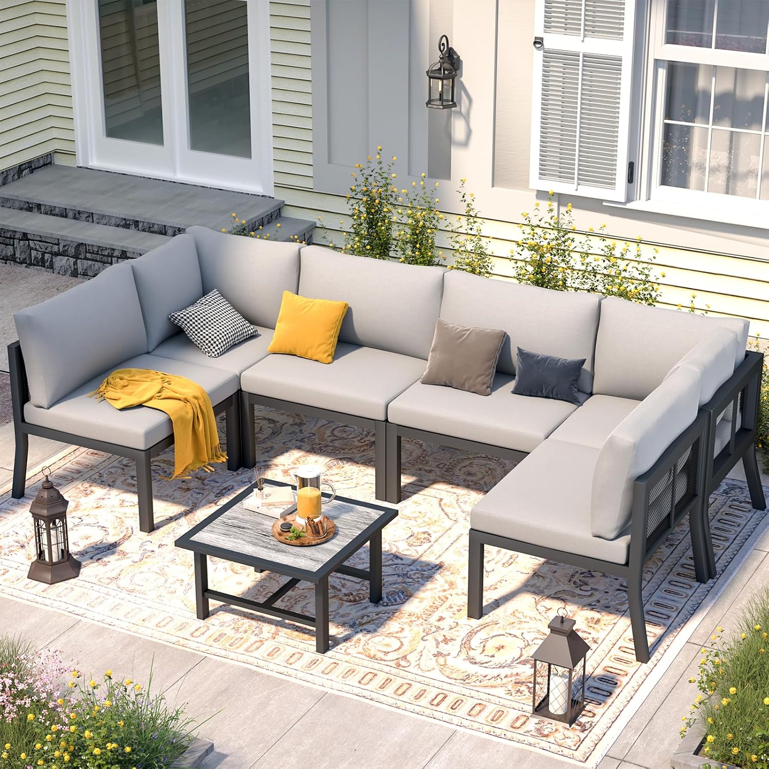 AECOJOY 7 Pieces Patio Furniture Set, Metal Mesh Fabric Outdoor Conversation Sets with Cushions and Wooden Table, Metal Outdoor Sectional Furniture for Garden Backyard, Balcony, Lawn(Grey)