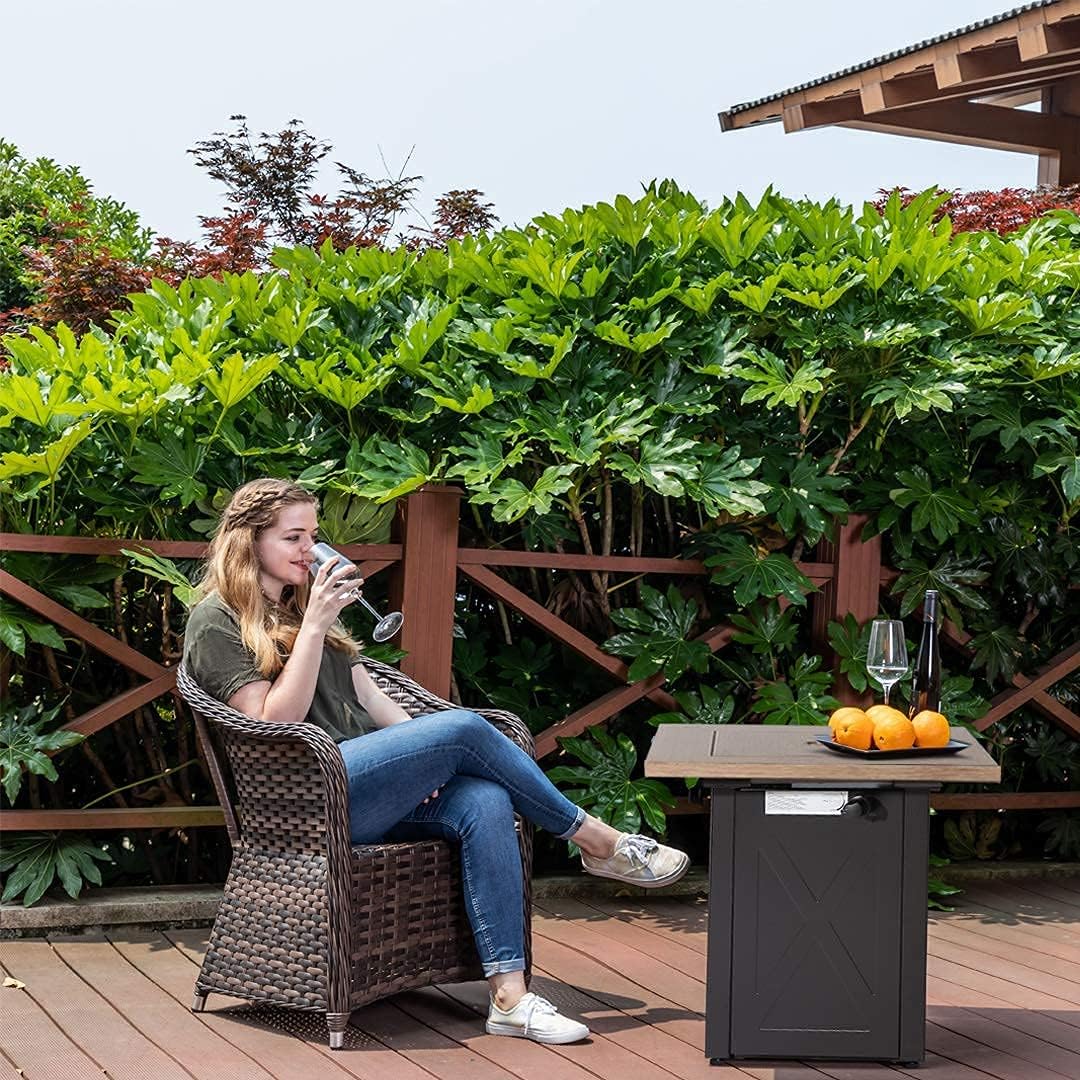 LEGACY HEATING 28 Inch Outdoor Gas Square 50000 BTU Fire Pit Table with Lid, Bionic Wood Grain Propane fire pits Tables for Outside Backyard Garden Camping Party