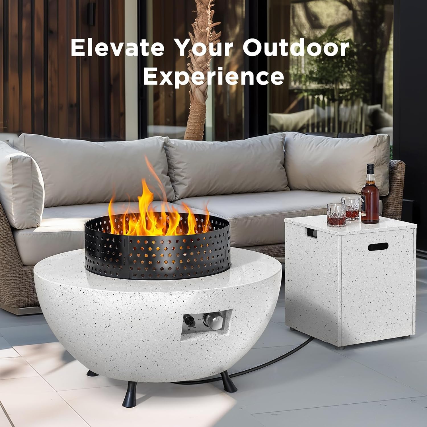 Ciays 29″ Propane Fire Pit Table with Windproof Guard, 50000 BTU Fire Pit Table, CSA-Certified, Outdoor fire Table with Durable Terrazzo Coating/Lava Rocks/4 Stable Adjustable Legs, Garden, White