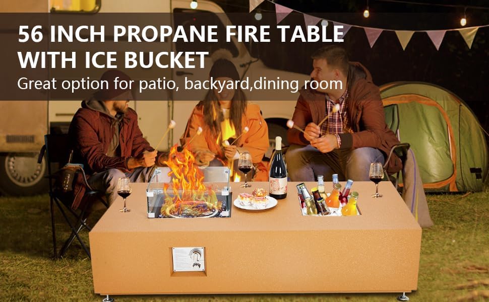 56 Inch Outdoor Propane Fire Pit Table, 50000BTU Steel Gas Firepit with Wind Guard, Add Warmth and Ambience to Parties On Outside Patio Deck Garden, CSA Safety Certified Glass Beads & Rain Cover