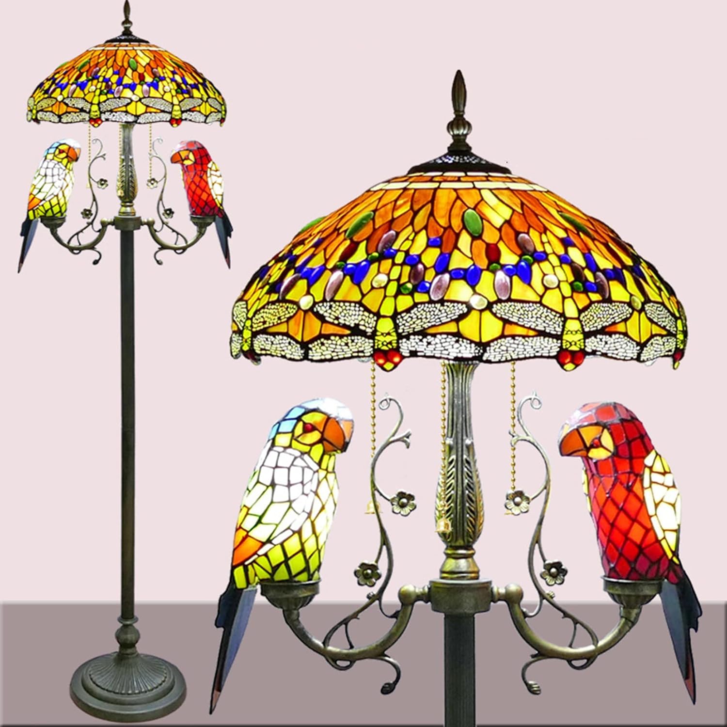 Rustic Farmhouse Dragonfly Parrot Floor Lamp with Parrot Nightlight, Tiffany-Style Stained Glass Lampshade Standlamps Bedroom Office Study House,18X65 Inch, E27X5,Blue Sur,Brown