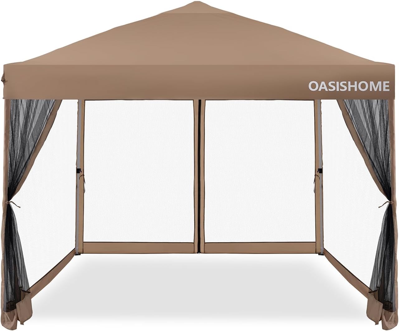 OASISHOME 10'x10' Pop-Up Gazebo Canopy Tent with Netting Sidewalls & Wheeled Bag,Weight Bag, Stakes, Ropes, Waterproof, UV Protection, Heavy-Duty Steel Frame for Backyard/Outdoor/Parties (Khaki)