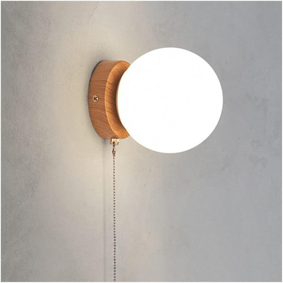 Modern Globe Wall Sconce, Wood Pattern Wall Light Fixture with White Glass Shade, Pull Chain Switch Wall Lamp, G9 Headboard Reading Light, Living Room, Corridor Lighting Fixtures