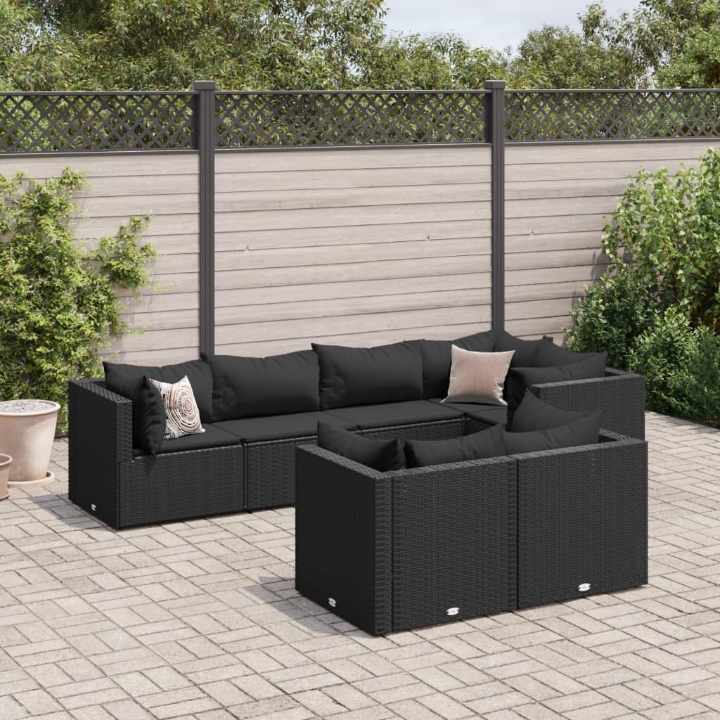 7 Piece Patio Lounge Set with Cushions Black Poly Rattan,Rattan Outdoor Furniture Set with Modular Design for Patio and Backyard Comfortable Seating Patio Furniture, Outdoor Furniture Sets