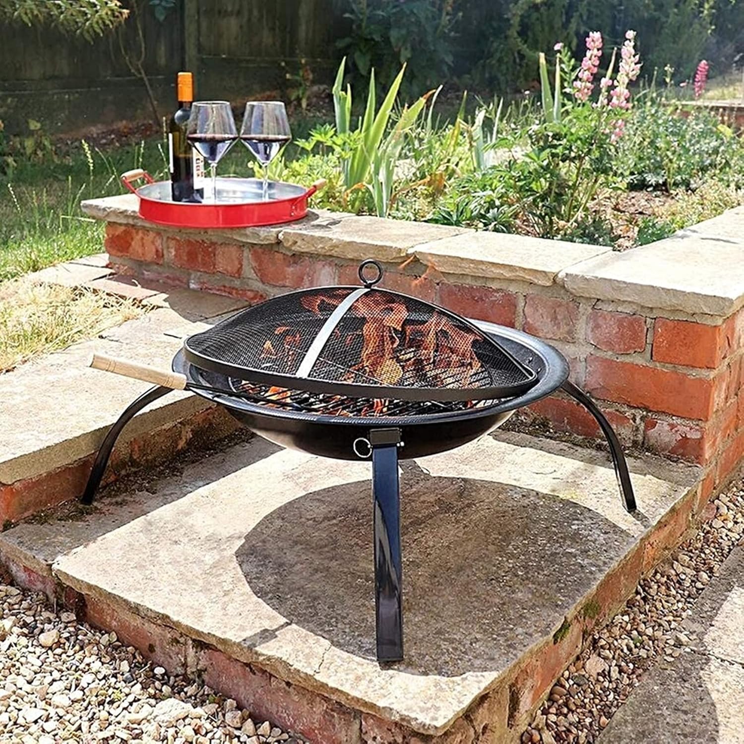 2-in-1 Fire Pits & BBQ Grill, Outdoor Metal Fire Bowl, Charcoal/Log Wood Burning Heater, w/Spark Screen, Fireplace Poker, Grate, for Camping Picnic Patio Garden Yard