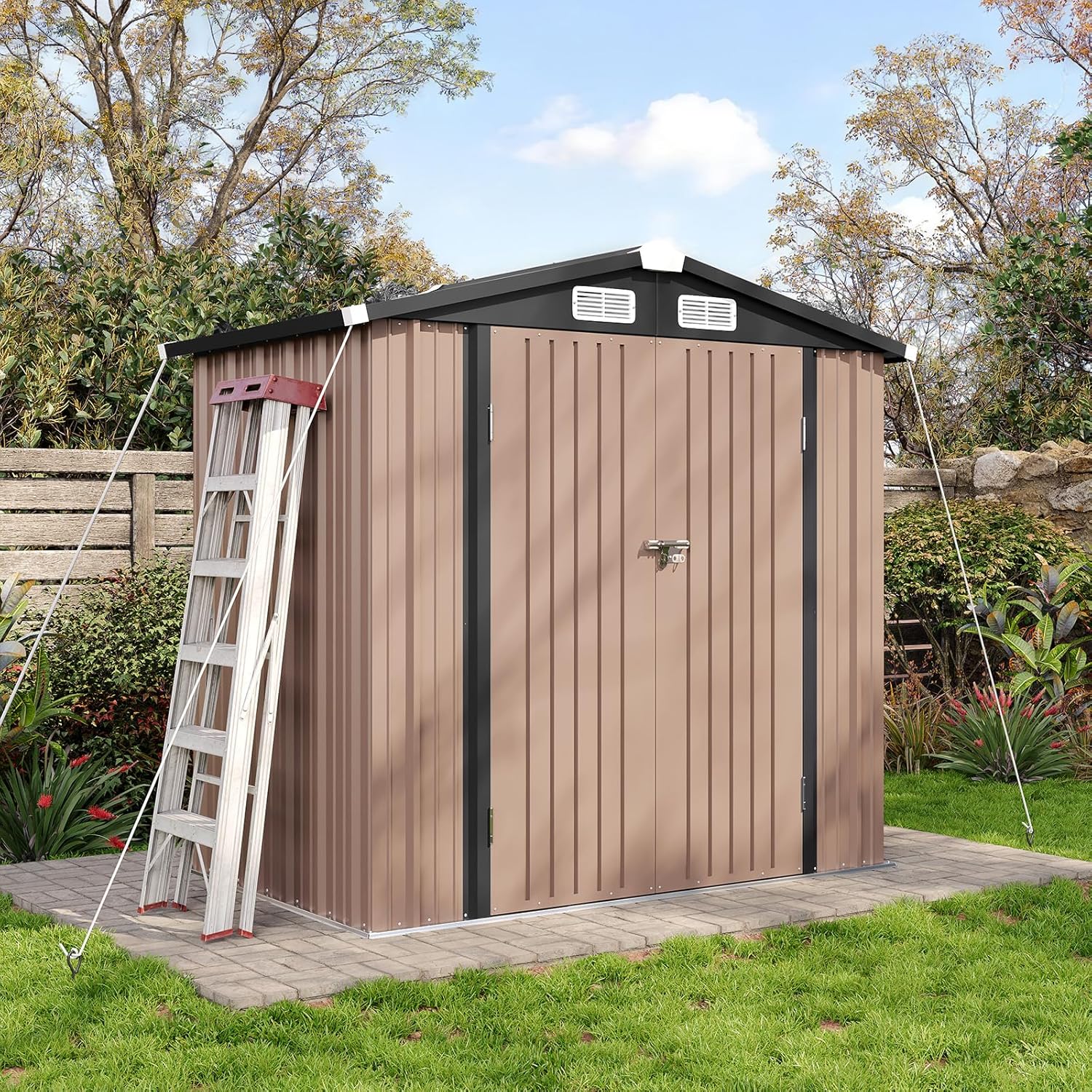 Aoxun 6.2x4 FT Shed with Anchors and Wind-Resistant Ropes Outdoor Storage Shed with Lockable Doors & Slooping Roof Metal Garden Tool Shed for Backyard, Patio, Poolside (Brown)