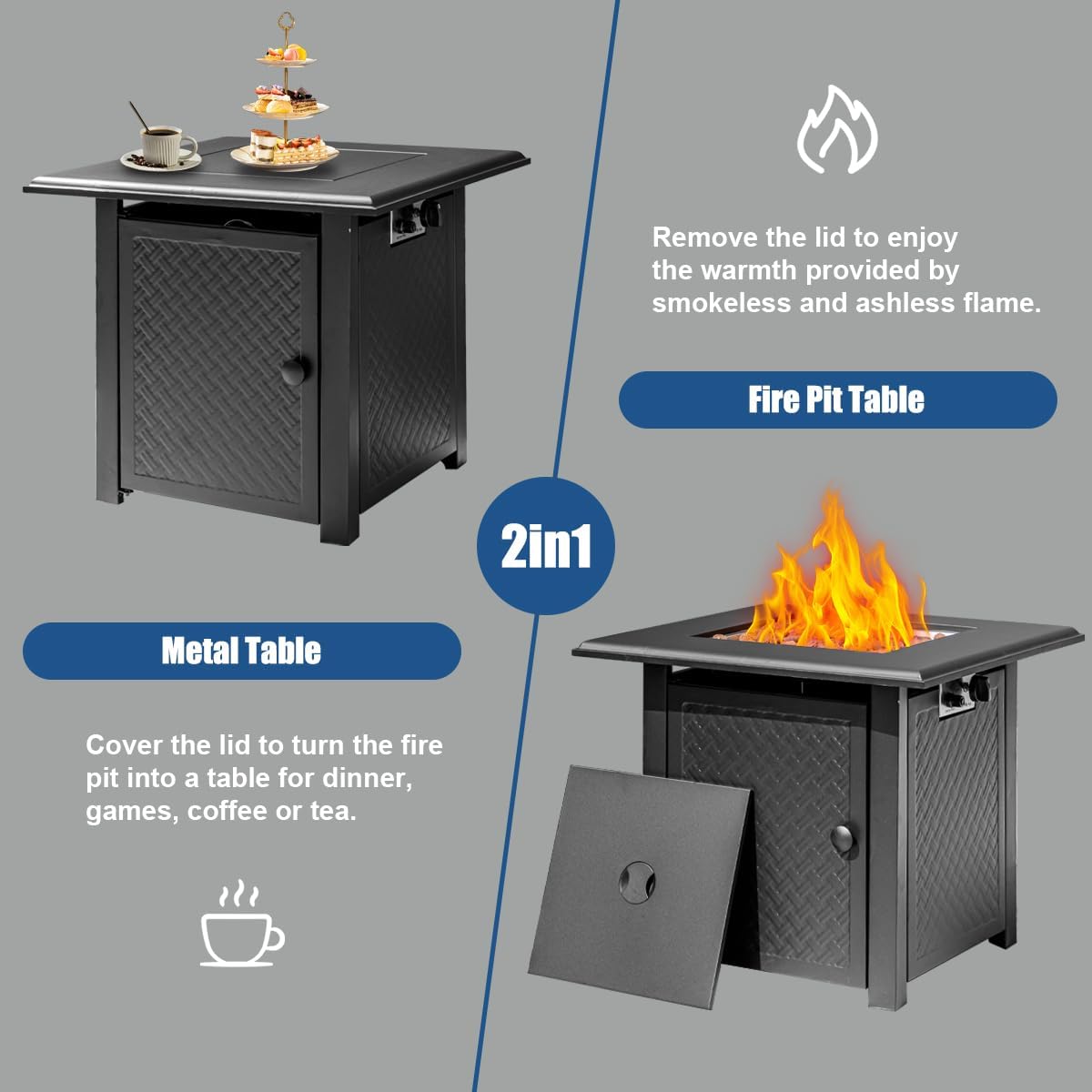 28 Inch Propane Fire Pit Table, 50,000 BTU Steel Gas Fire Pits for Outside,Outdoor Gas Firepit with Lid and Lava Rocks, Propane Firepit for Paito Garden Backyard,Add Warmth to Gatherings