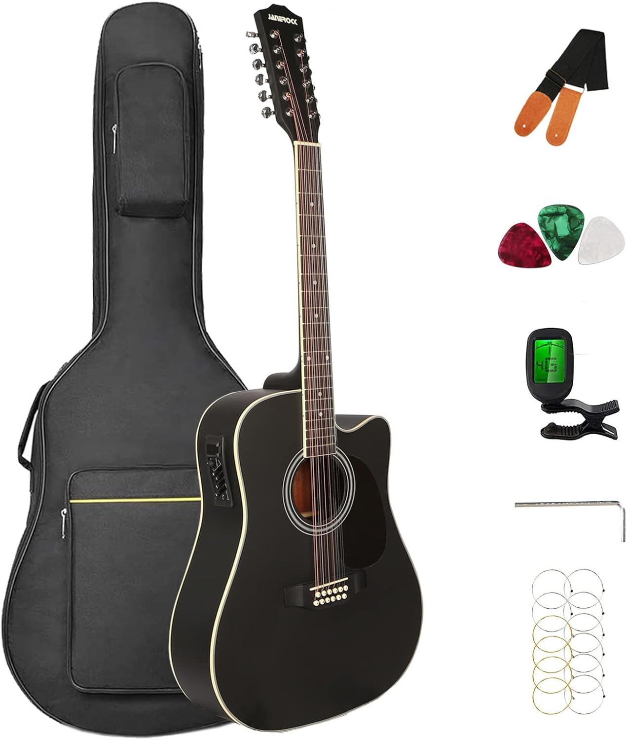 12 string Guitar 12 String Acoustic-Electric Guitar,Cutaway Guitar,Bundle with Gig Bag,Tuner,Strings,Strap, Picks