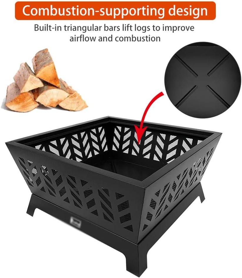 Outdoor Patio Wood Fire 4-Corner Pits 26 Inch Heater Stove with Flame-Retardant Spark Guard Black