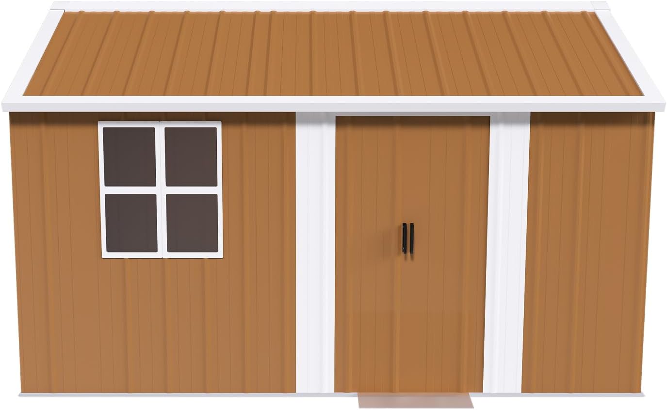 12X8 Ft Heavy-Duty Metal Storage Shed Brown Spacious 8X12 Ft Design Backyard, Lawn, Tool Organization Weather-Resistant