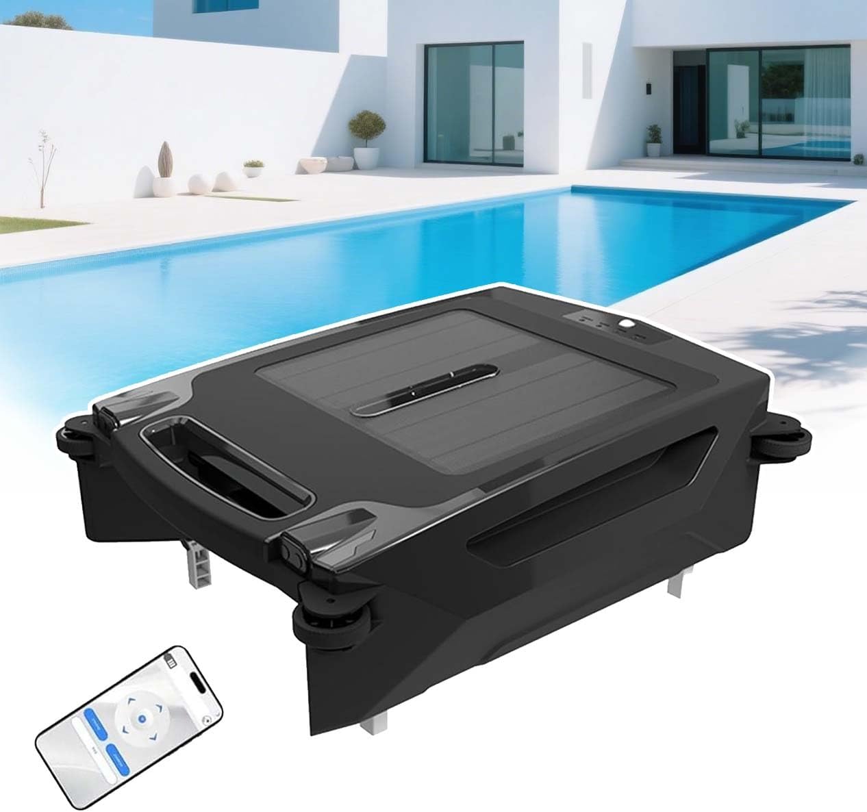Solar Powered Pool Cleaner Robot with Smart App Control, Dual Charging System – Automatic Skimmer for Inground & Above Ground Pools, Self-Parking, 2500mAh Battery, IPX7
