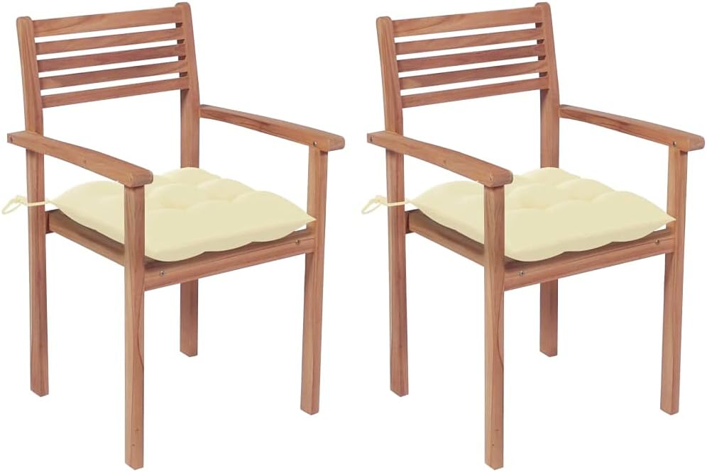 Patio Chairs 2 pcs with Cream White Cushions Solid Teak Wood Outdoor Furniture, Outdoor Chairs