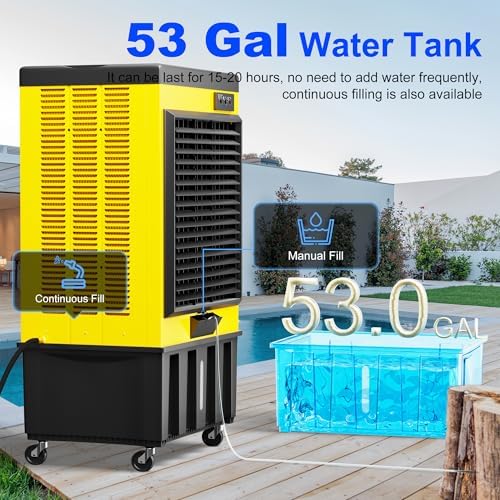 MEPTY 70IN Portable Swamp Cooler, 14715CFM Evaporative Air Cooler, 53Gal Tank with Continuous Auto Fill, 120°Oscillation, 3Speed Evaporative Cooler for Outdoor Patio, Garage, Factory Use