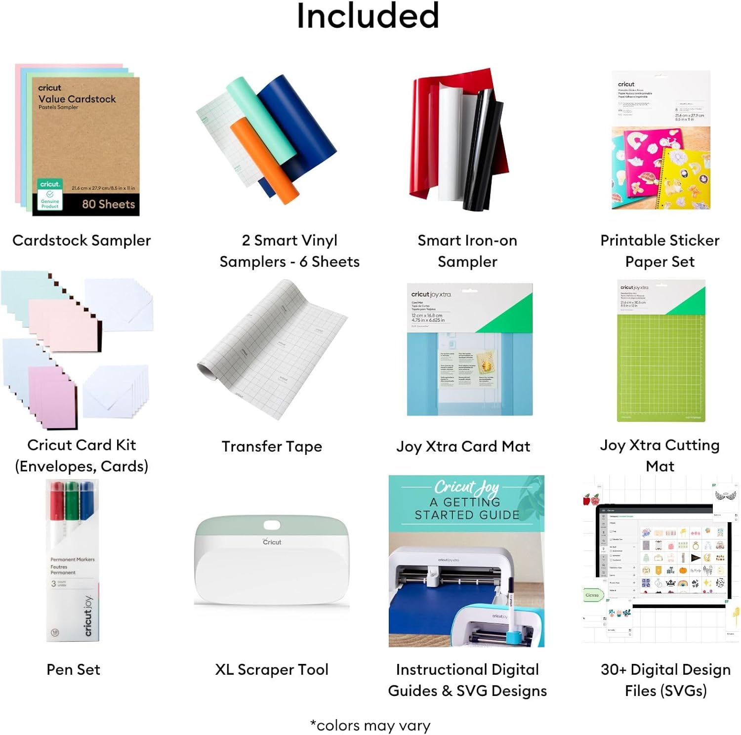 Cricut Ultimate All-in-One Materials and Accessories Bundle - 115+ Piece Beginner Sampler Material Kit for Cricut Joy Xtra Cutting Machines - Vinyl, HTV, Card Making Packs, Pens, Tools & Sticker Paper