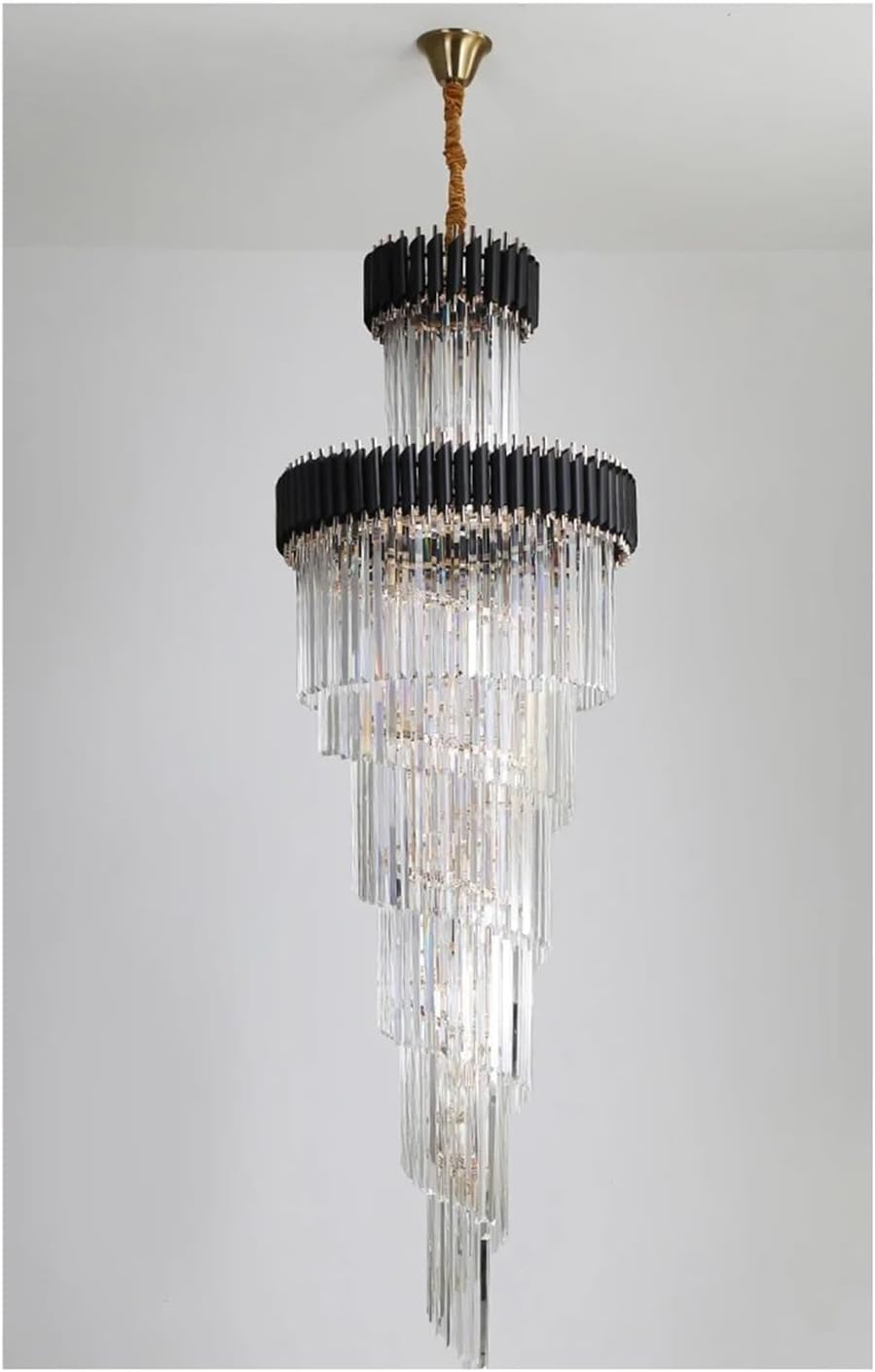 Large Top Long Crystal Led Chandeliers Hotel Hall Living Room Luxury Multi-Layer Staircase Lighting Black Stainless Steel Light,Light Fixture Chandelier