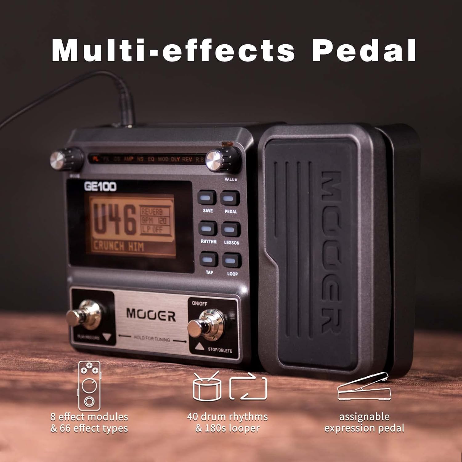 MOOER GE100 Multi-Effects Guitar Pedal with 80 Presets, 66 Effects, Loop and 40 Drum Rythm. Distortion, Expression Volume Wah Pedal, Tap Tempo, Headphone Out, LED Screen, Tuner