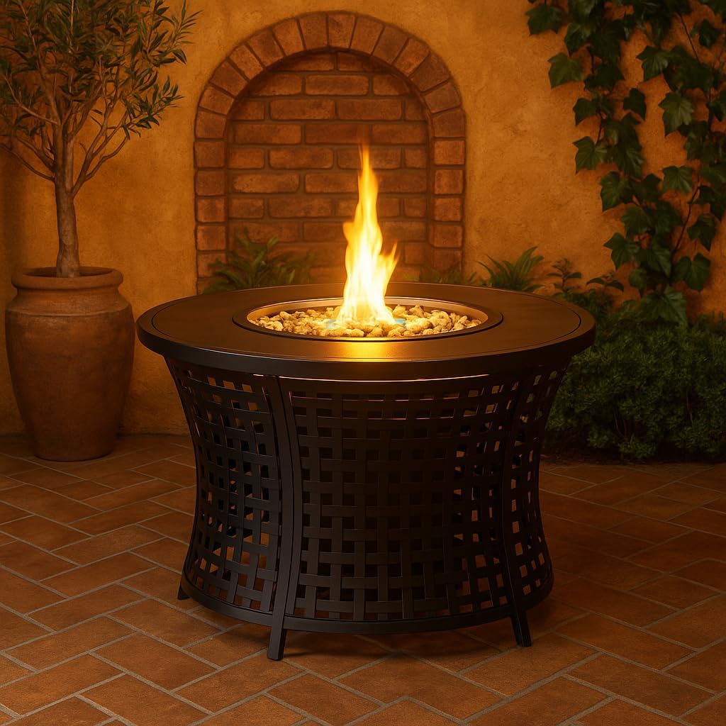 Round Outdoor Propane Gas Fire Pit Table 8,000 BTU Propane with Lava Rock Filler