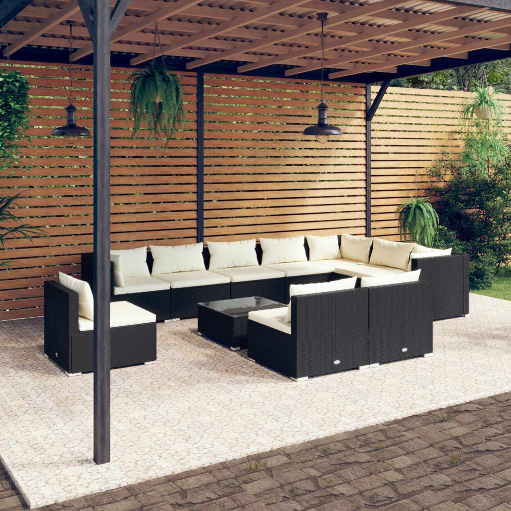 11 Piece Patio Lounge Set with Cushions Poly Rattan Black,Premium Outdoor Poly Rattan Patio Lounge Set with Water-resistant Cushions and Modular Design for Your Relaxing Moments Patio Furniture, Outdo