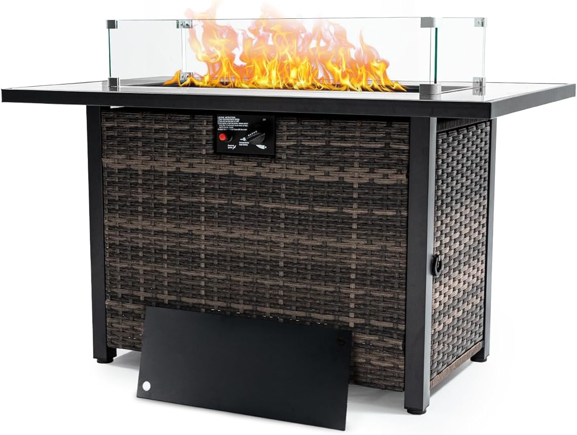 50,000 BTU Outdoor Propane Gas Fire Table - 44-Inch Square Fire Pit with Lid, Glass Wind Guard & Weather-Resistant Wicker Base for Patio, Backyard, Garden Heating