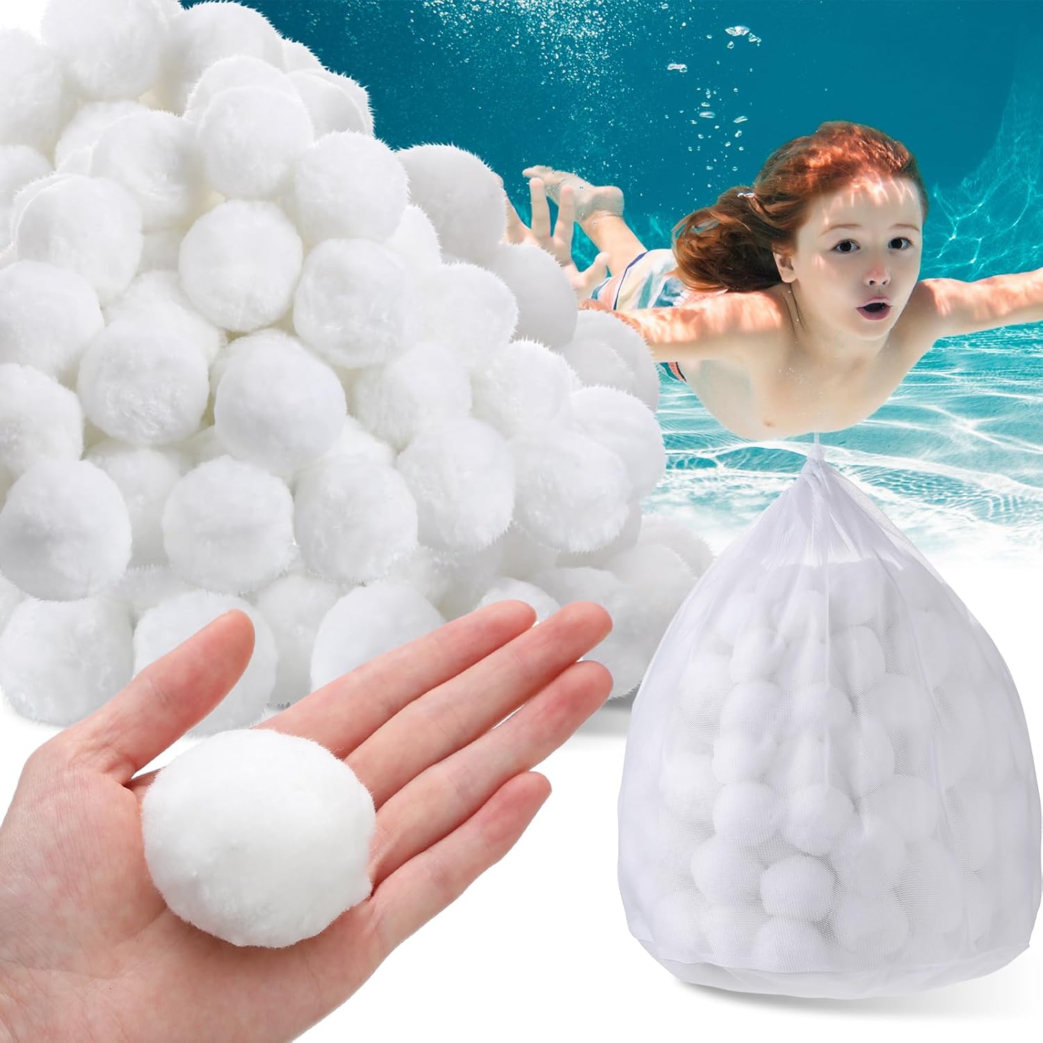 Zubebe 12.3 lbs Pool Filter Media Balls Fiber Filter Media for Swimming Pool Sand Filters and Bath Center Bathtubs Spas Aquarium Grime Cleaning Scum (White)