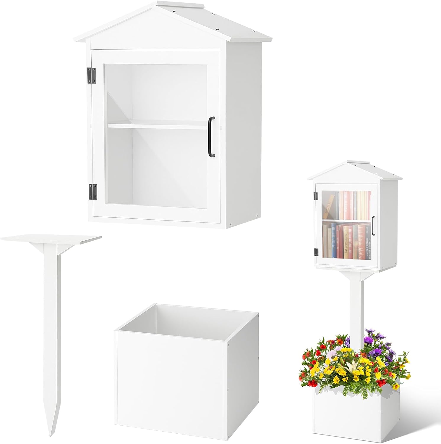 Wooden Library Box Outdoor Library, Double Outdoor Box Storage with Floor Plugs and Small Flower Fence for DIY, Community, Literature, School(White,Steepletop)