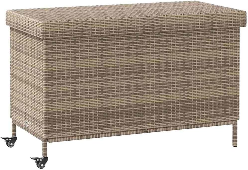 Patio Rattan Storage Box with Wheels, Portable Outdoor Wicker Deck Bin with Gas Spring Lid, Water-resistant Storage Chest for Cushions, Gray 43.3