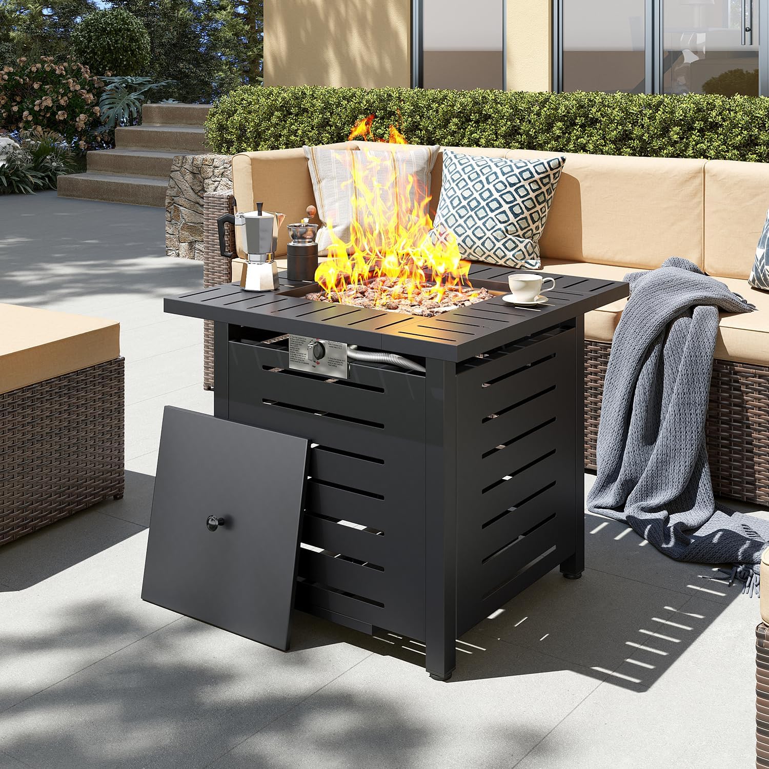 Aoxun 28 Inch Propane Fire Pit – 50,000 BTU Square Outdoor Gas Fire Pit Table for Outside, 2 in 1 Fire Table with Lava Rocks & Lid for Backyard, Patio, Deck, Garden