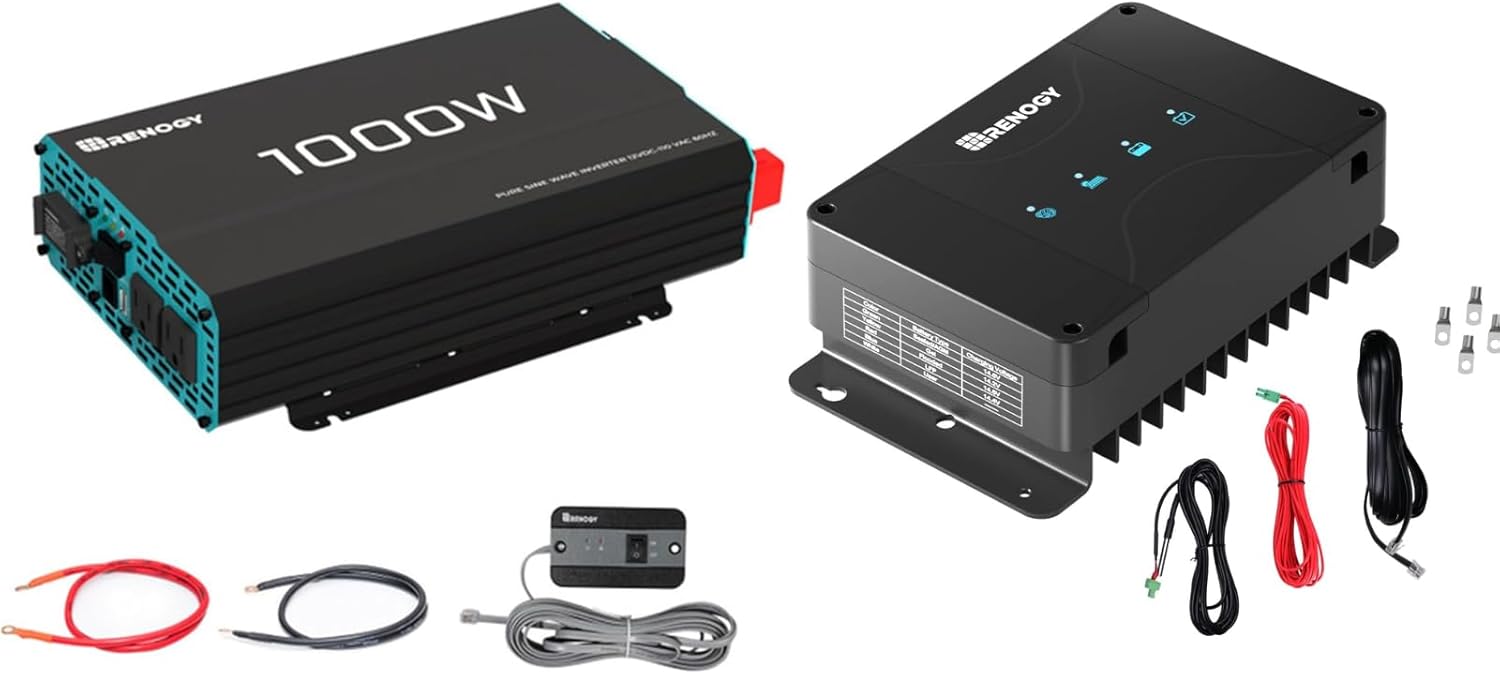 Renogy 1000W Pure Sine Wave Inverter & 50A DC-DC Charger with MPPT Bundle - Compact Solar Power Kit for RV, Van, Truck, and Off-Grid Use