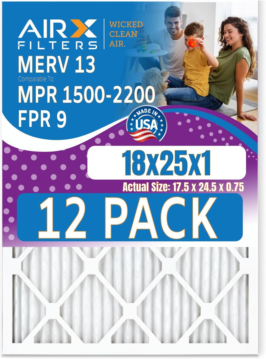 18x25x1 Air Filter MERV 13 Rating, 12 Pack of Furnace Filters Comparable to MPR 1500-2200 & FPR 9 - Made in USA by AIRX FILTERS WICKED CLEAN AIR.