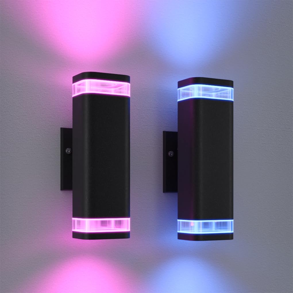 Smart WiFi Outdoor Wall Sconce Lights 2 Pack,Porch Lights RGB Color Changing App Control, Dimmable White Range of 2700K-6500K Up Down Exterior Wall Lights for House,Works with Alexa Google Assistant
