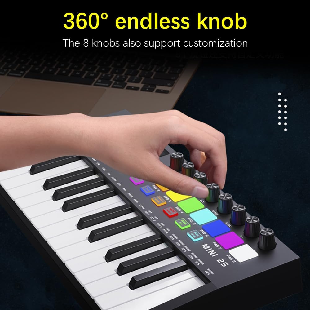 25 Key MIDI Keyboard Midi Controller Beat Maker Professional Electronic Audio Intelligent Portable Arranging Strike Pad Keyboard Piano Lightweight USB 5V/1A Type-C
