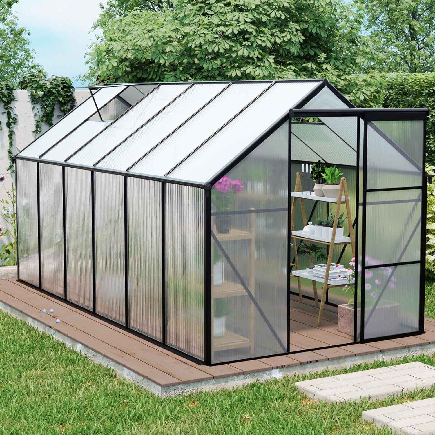 6x10 FT Polycarbonate Greenhouse with Raised Base - Heavy Duty Aluminum Walk-in Outdoor Storage Shed for Garden Tool Bike Storage All Season Backyard,Black 6 * 12FT