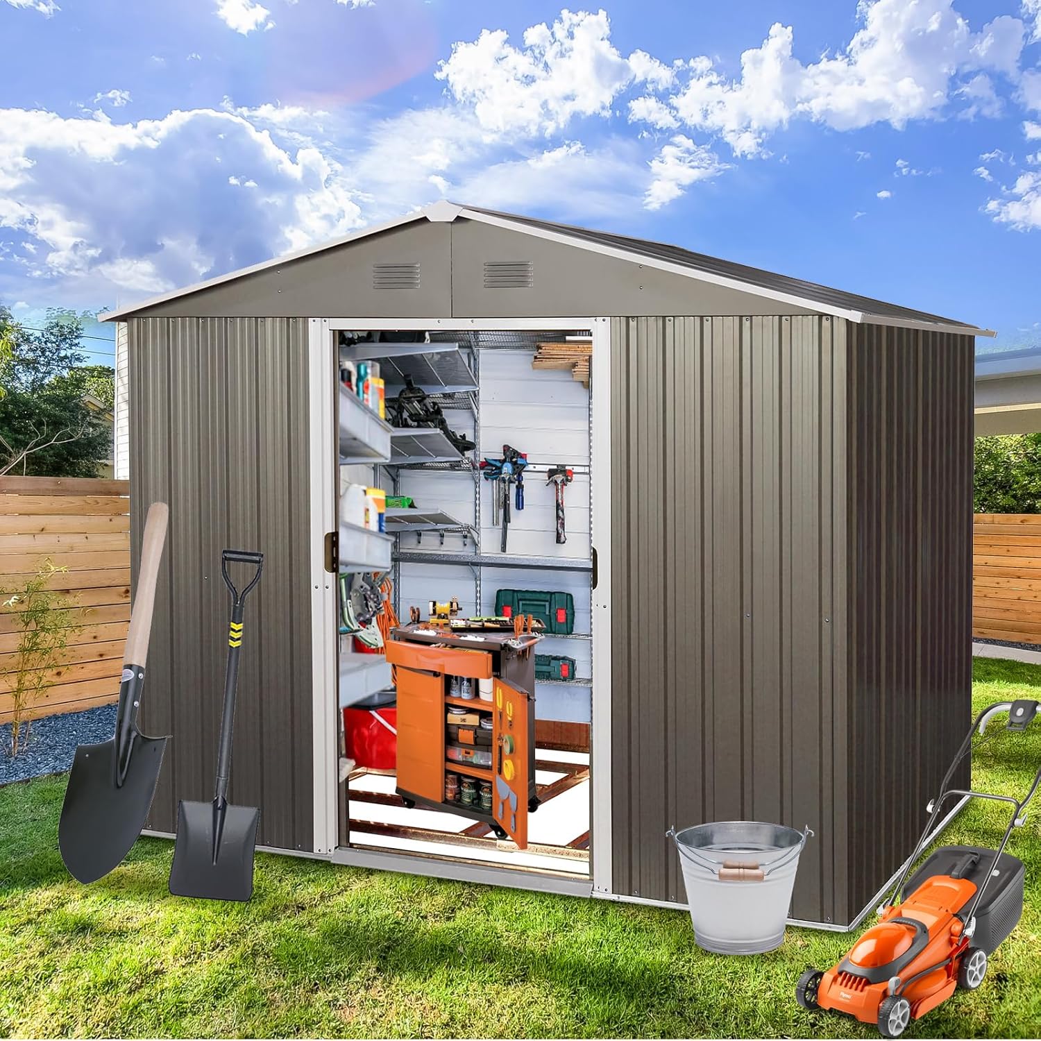 8X6FT Outdoor Metal Storage Shed, Garden Tool House for Patio, Backyard, Lawn (Grey)