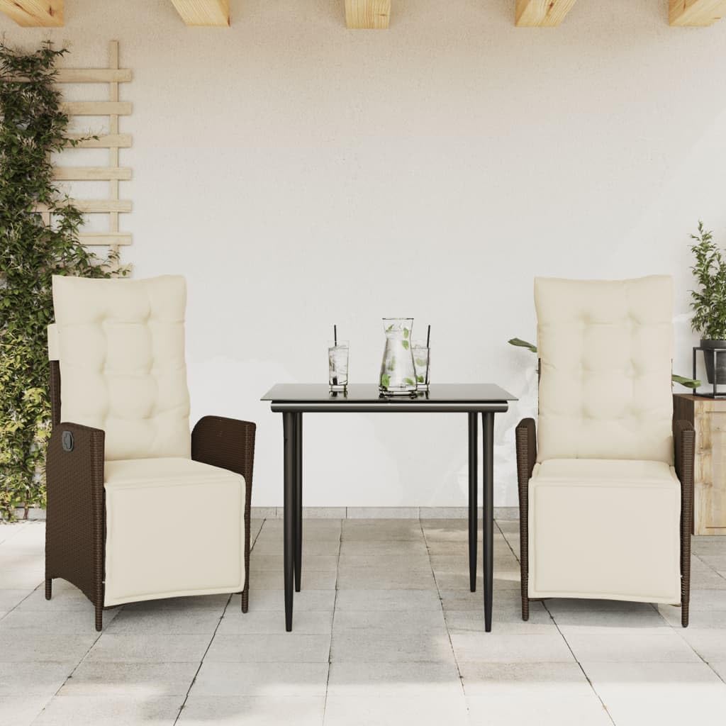 3 Piece Patio Dining Set with Cushions Brown Poly Rattan Garden Furniture