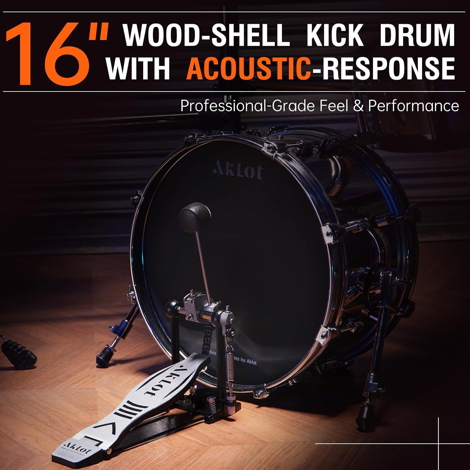 AKLOT Acoustic-Style Electric Drum Set: Independent 16’’ Wooden Bass Drum and 12’’ Snare, Triple-Zone Ride Cymbal, Standalone Hi-Hat, Full Mesh Pads, 460 Sounds, USB MIDI, Throne, Sticks (B-CORE543)