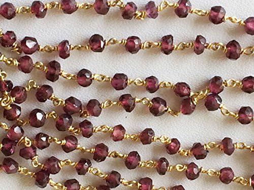 LKBEADS 5 Feet Garnet Faceted Rondelle Beads in 925 24Kt Gold Plating Wire Wrapped Rosary Style Chain