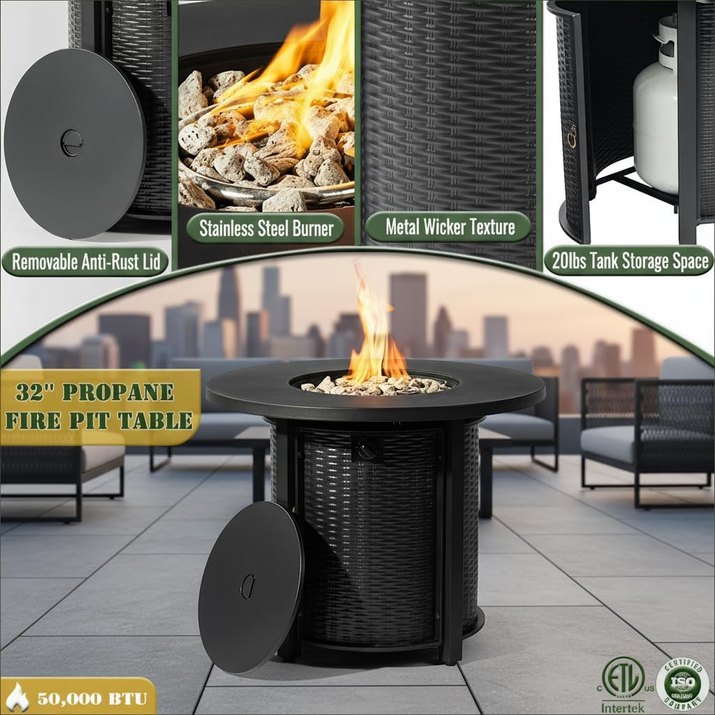 32-Inch Round Propane Fire Pit Table, 50,000 BTU Outdoor Steel Fire Table with Storage, Black Wicker Design, Volcanic Rocks, Electronic Ignition for Patio Garden Deck