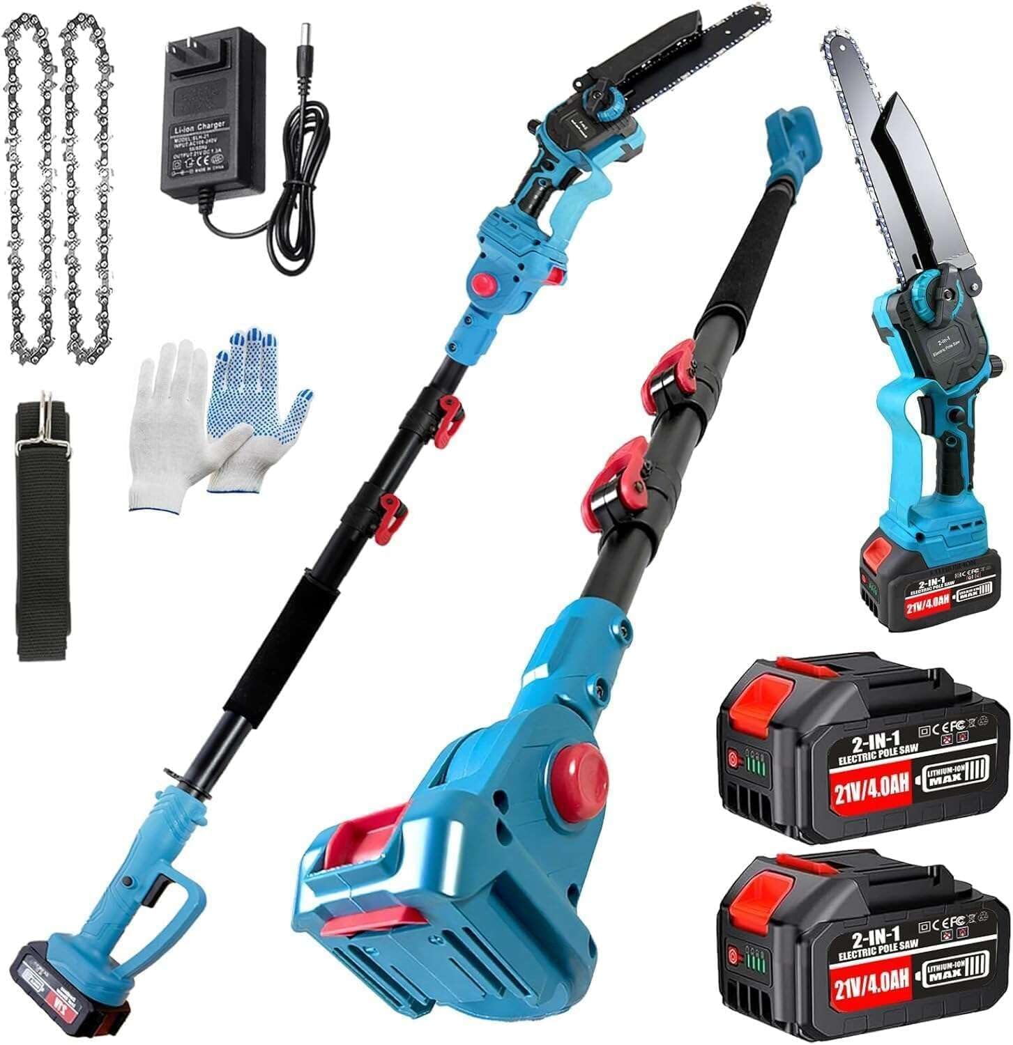 2-In-1 Electric Pole Saws for Tree Trimming, 8 Inch Mini Chainsaw with Extension Pole and 2×4.0Ah Battery Powered, Brushless Motor, Max 16FT Cordless Pole Saw, Tree Trimmer Limb Branch Cutter Pruner