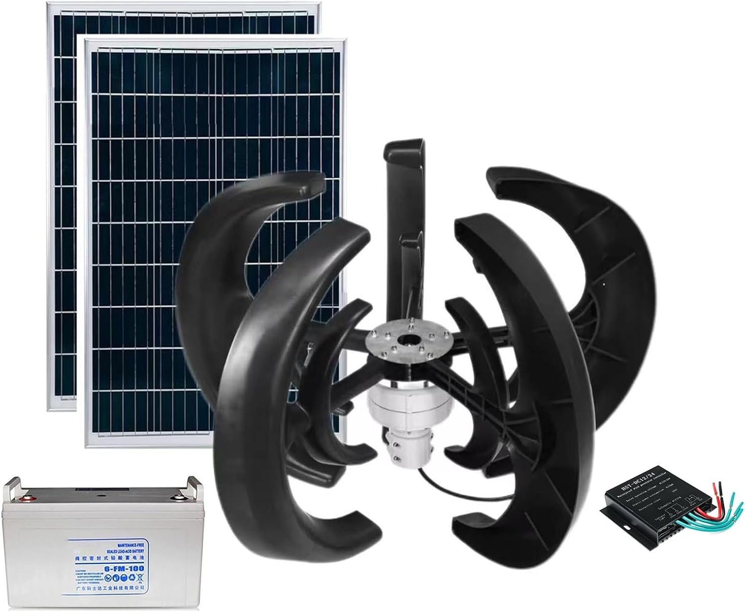12V/24V 2000W Wind Turbine Kit 5-blade Lantern Wind Turbine With Controller + 100W*2 Solar Panels + Battery For RV, Boat, Home Power Generation, Etc. (Color : 24V)