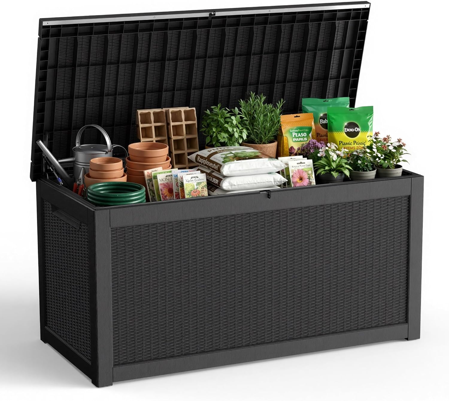 EFU 320 Gallon Deck Boxes Outdoor Waterproof, Resin Outdoor Storage Box, UV Resistant Outside Deck Boxs with Lockable Lid for Patio Furniture, Pool Tools and Garden Tools (Black, 320 Gallon)