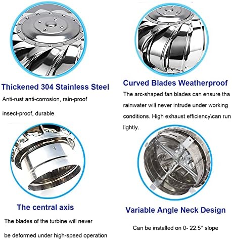 Roof Wind Turbines Cap Vent Round Internally Braced Wind Turbines, 304 Stainless Steel Roof Ventilator Air Outlet, 4 10 12 Inch, Easy to Install Unpowered Rotation Rainproof Ventilator (300mm)