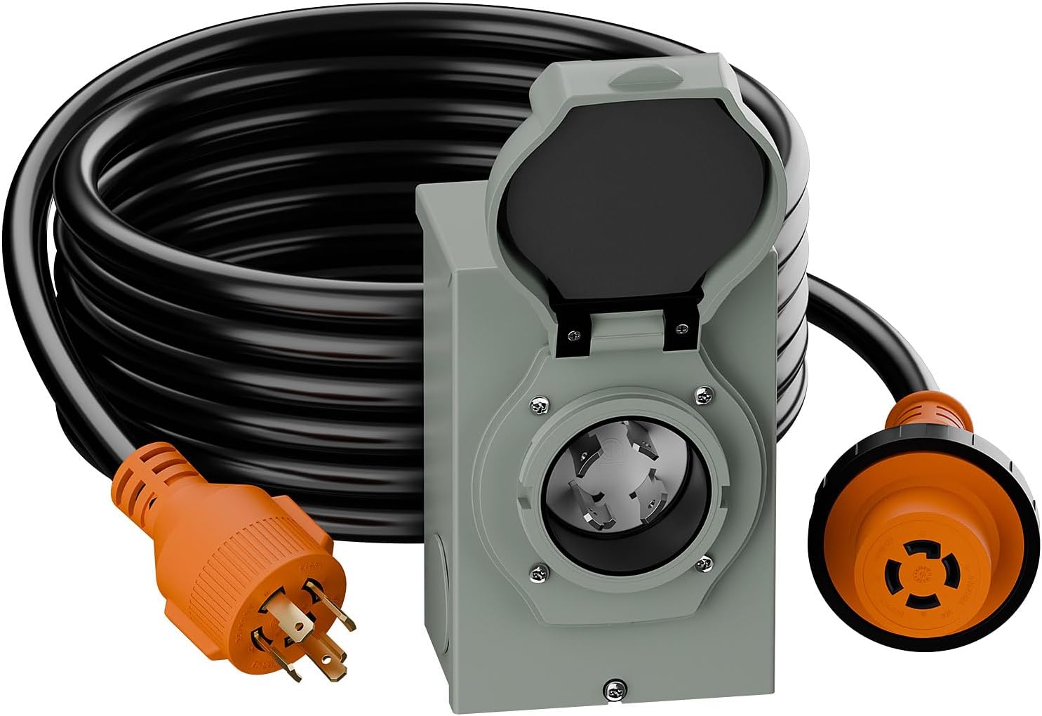 15ft Nema L14-30P Waterproof RV 30Amp Power Inlet Box and L14-30P Extension Cable 15FT, ETL Listed 30A Generator Power Inlet, Outdoor use L14-30 30A 125V 3750W Inlet Box with LED Light AC0067