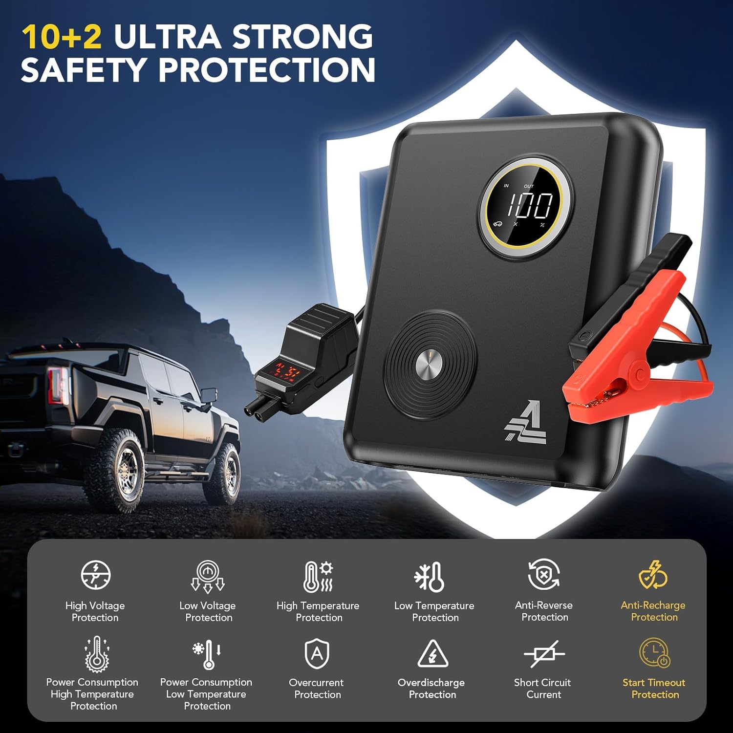Industry's First Sodium 27500mAh 6000A Car Battery Jump Starter with PD 60W, 12V Portable Car Jump Starter for All Gas/12L Diesel Engine, 10-Year Standby Car Accessories with LED Display, 1500LM Light