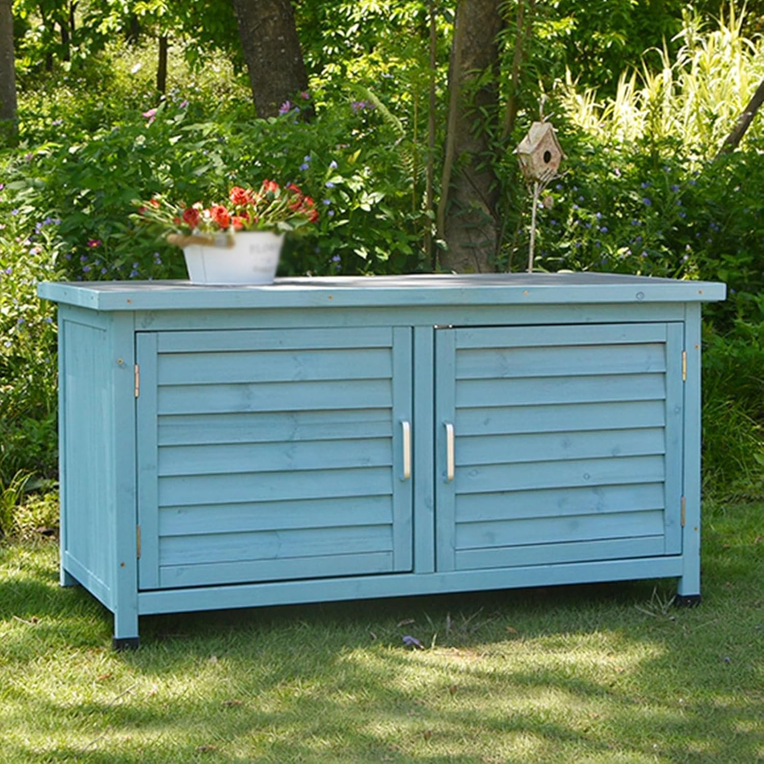 Double Door Outdoor Deck Boxes, Solid Wood+Metal Patio Storage Box, Garden Box with Plastic Foot for Balcony, Patio